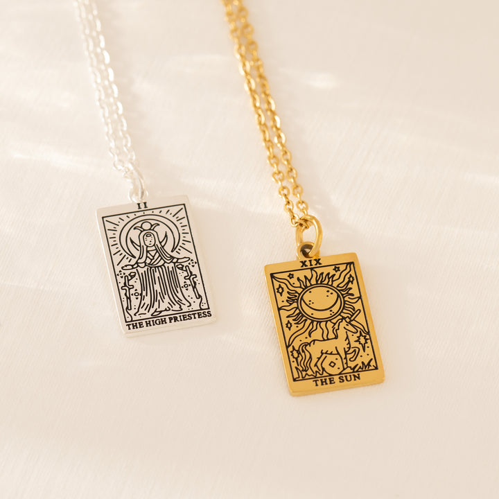 Tarot card necklaces The Sun and High Priestess in silver and gold
