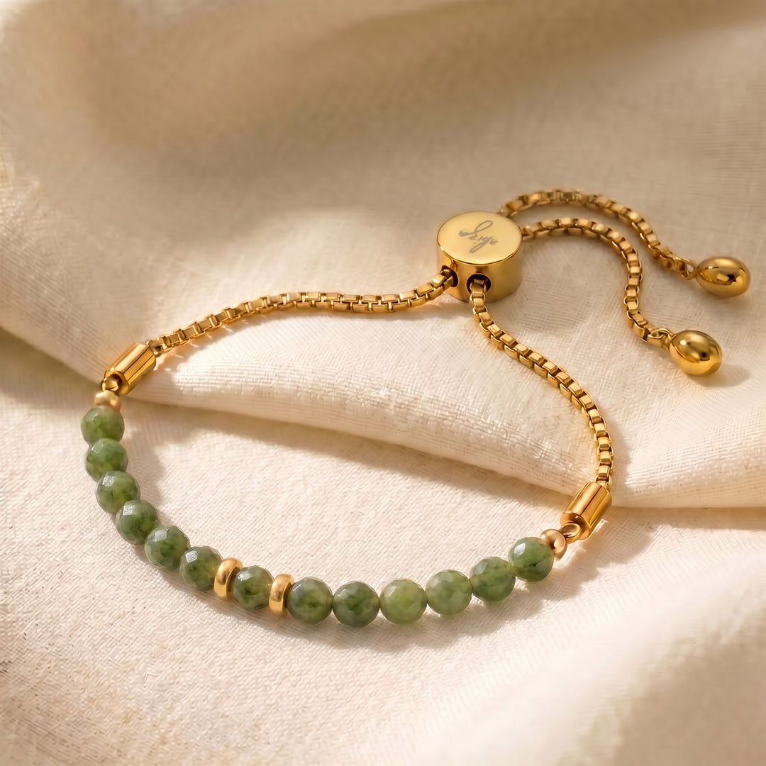 Gold African jade slider bracelet with 4mm green African jade beads on adjustable slider chain