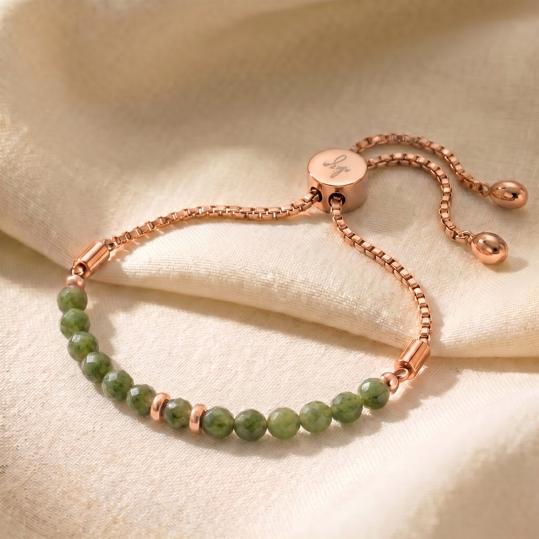 Rose gold African jade slider bracelet with green African jade beads, adjustable slider chain