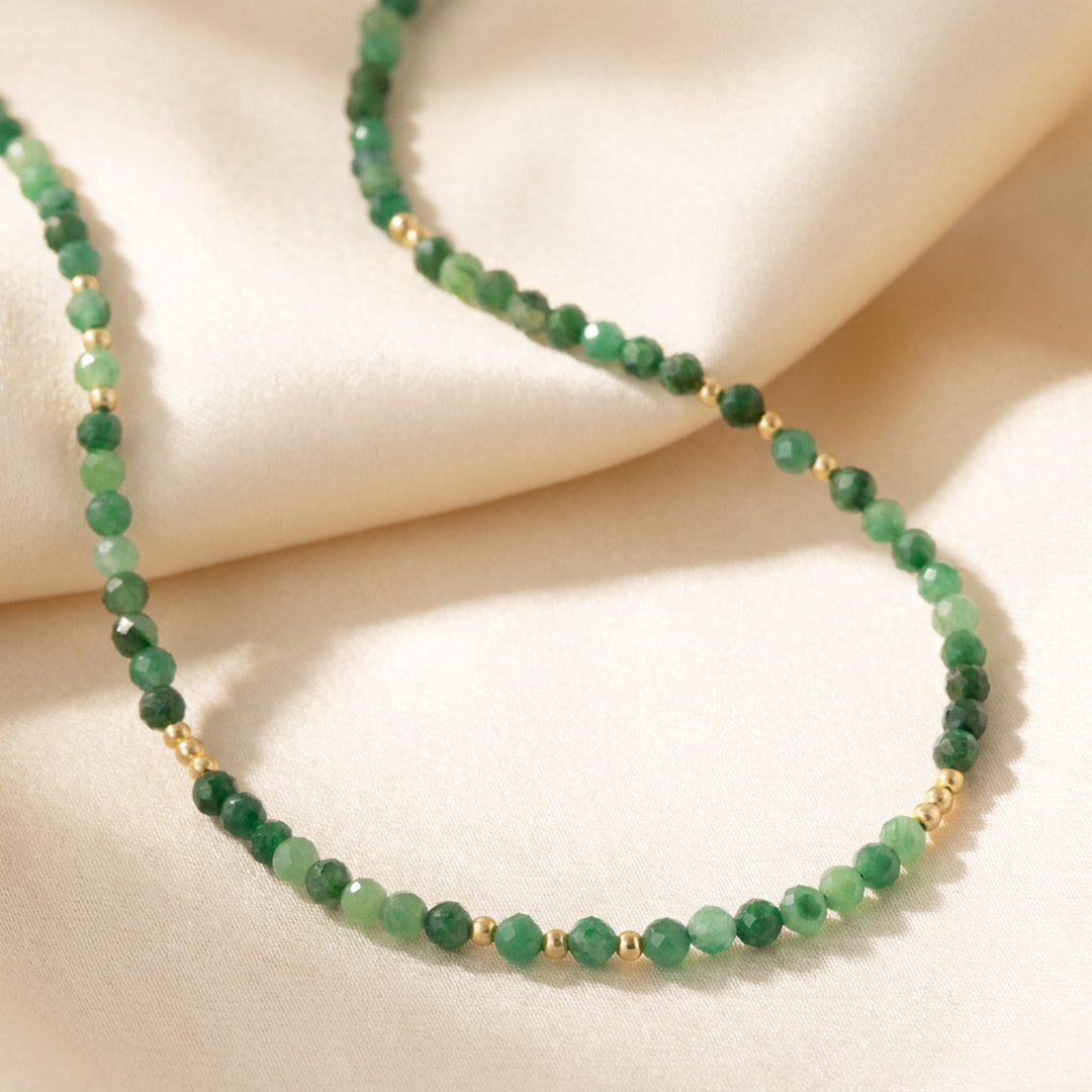14K gold filled jade necklace close-up — 3mm diamond-cut African Jade (Verdite) beads, hand-strung