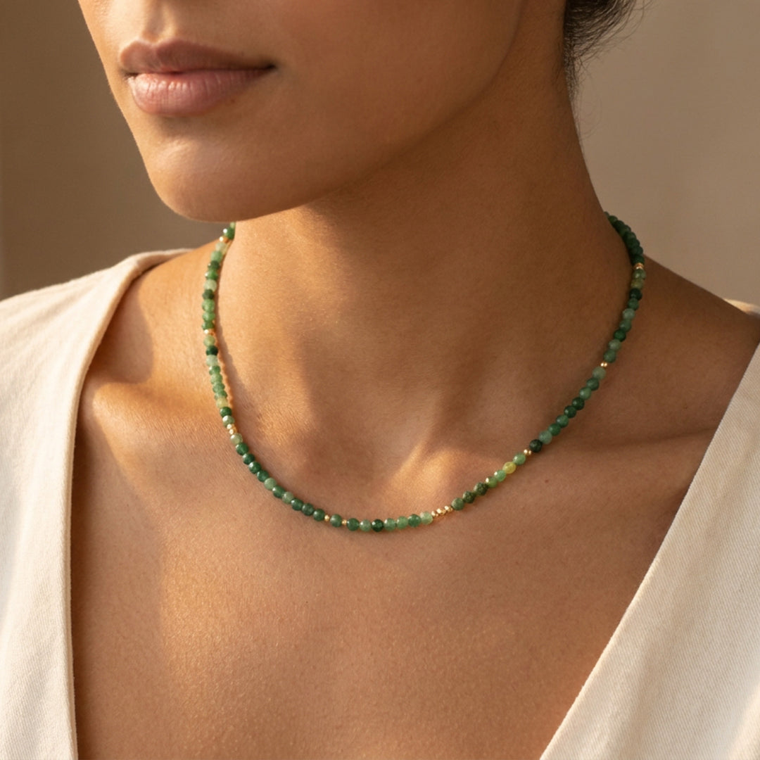 Real jade necklace on model — hand-strung in our Chester studio, African Jade Dream Stone