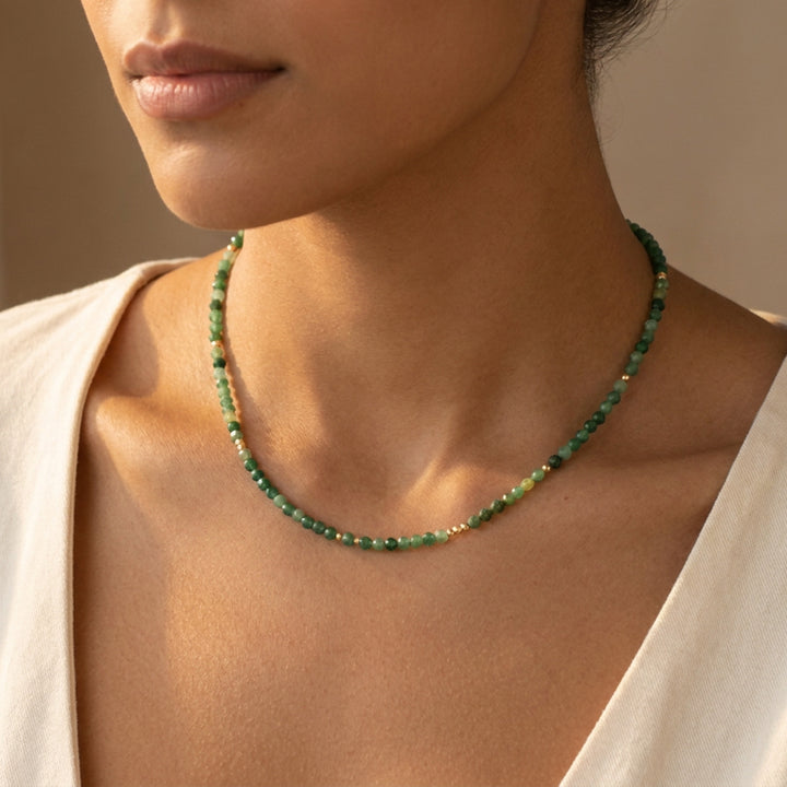 Real jade necklace on model — hand-strung in our Chester studio, African Jade Dream Stone
