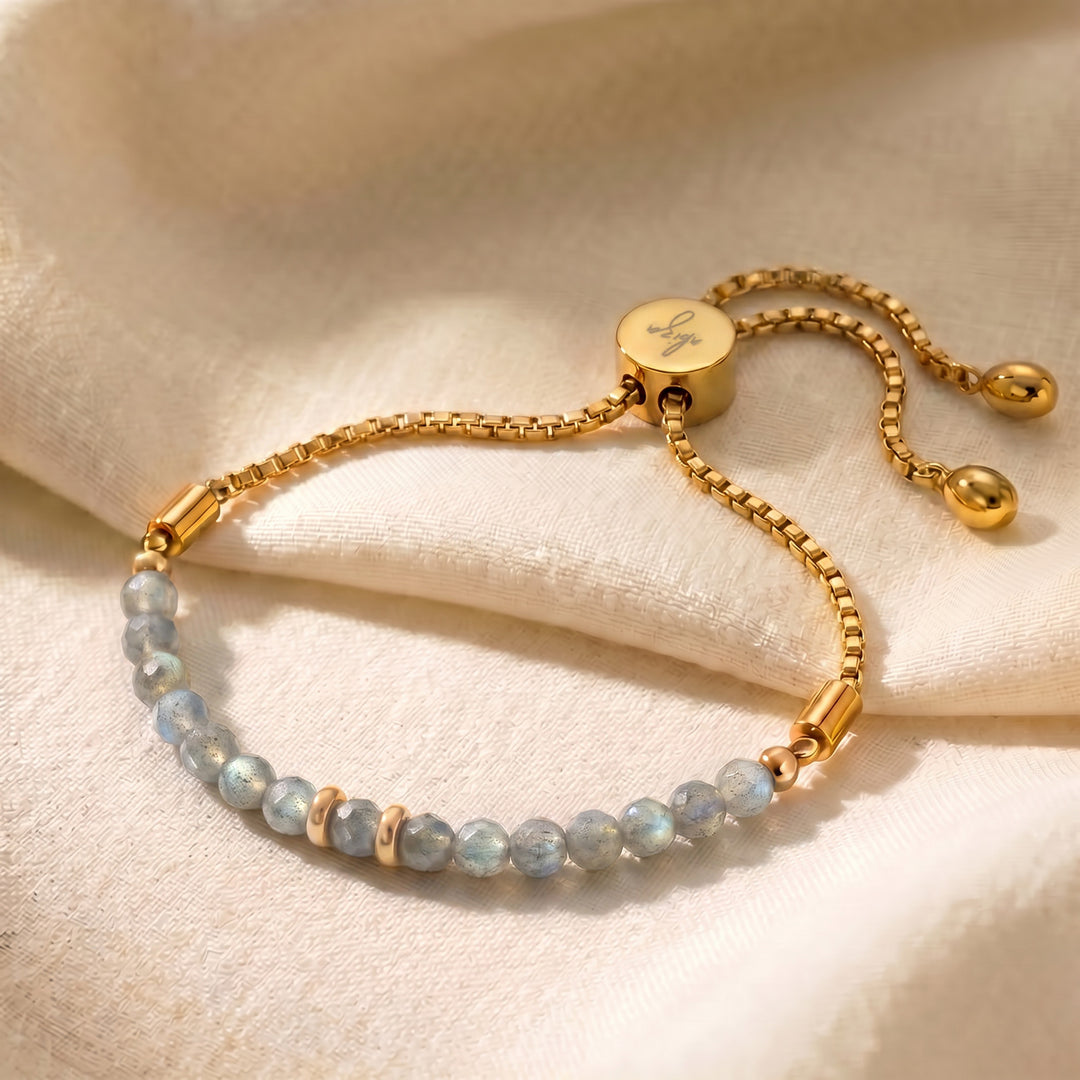 Gold labradorite bracelet with 4mm genuine flashing labradorite beads on adjustable slider chain