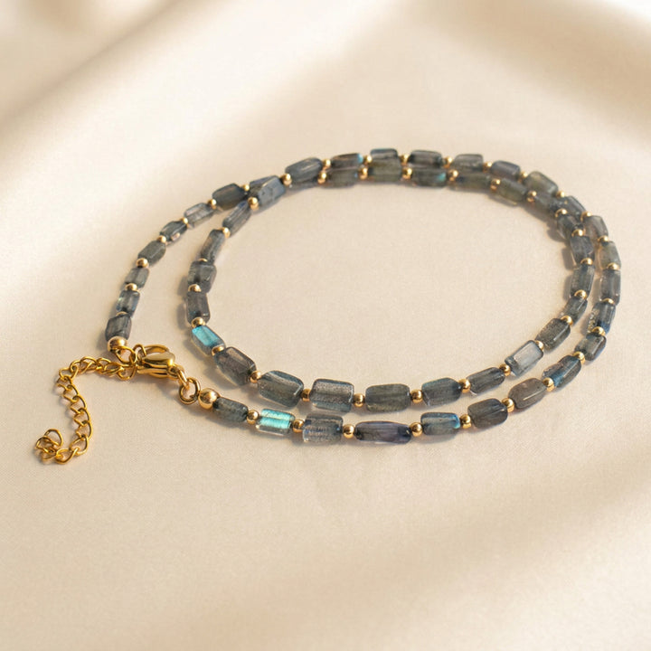 Real labradorite necklace clasp detail — lobster clasp with 2" extender and matched 2mm spacer beads