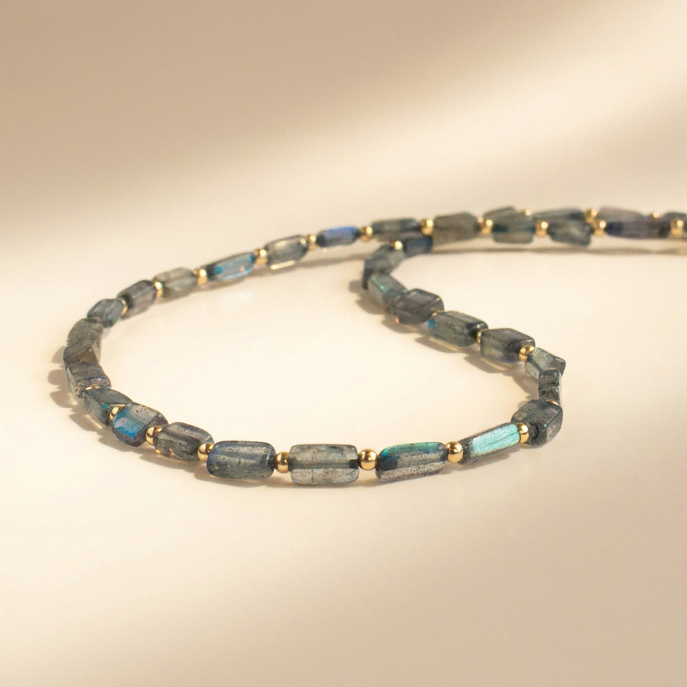 14K gold filled labradorite necklace — hand-cut irregular rectangle beads with matched 2mm gold spacers