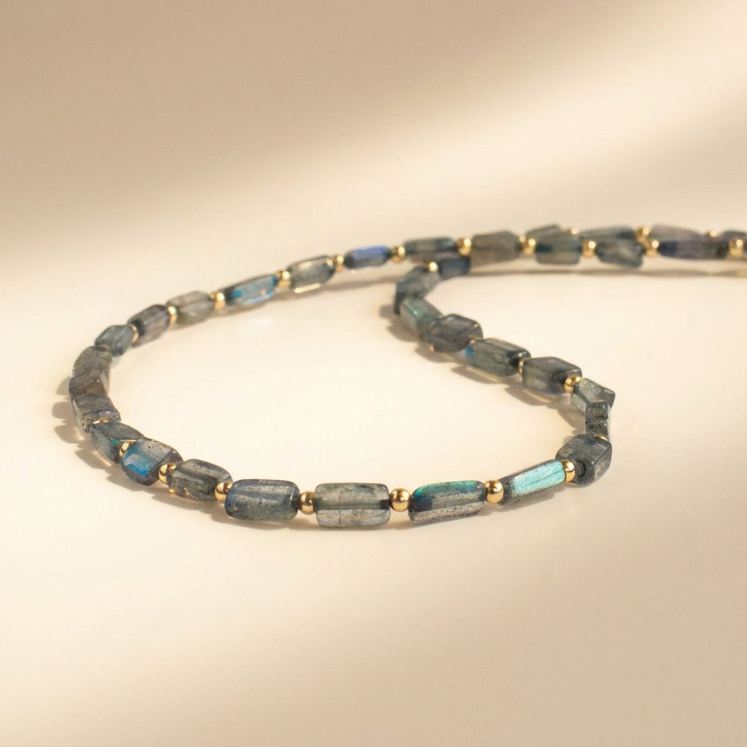 14K gold filled labradorite necklace — hand-cut irregular rectangle beads with matched 2mm gold spacers