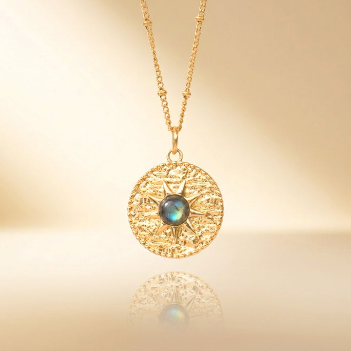 Gold labradorite sun necklace — real labradorite with blue flash, handmade UK