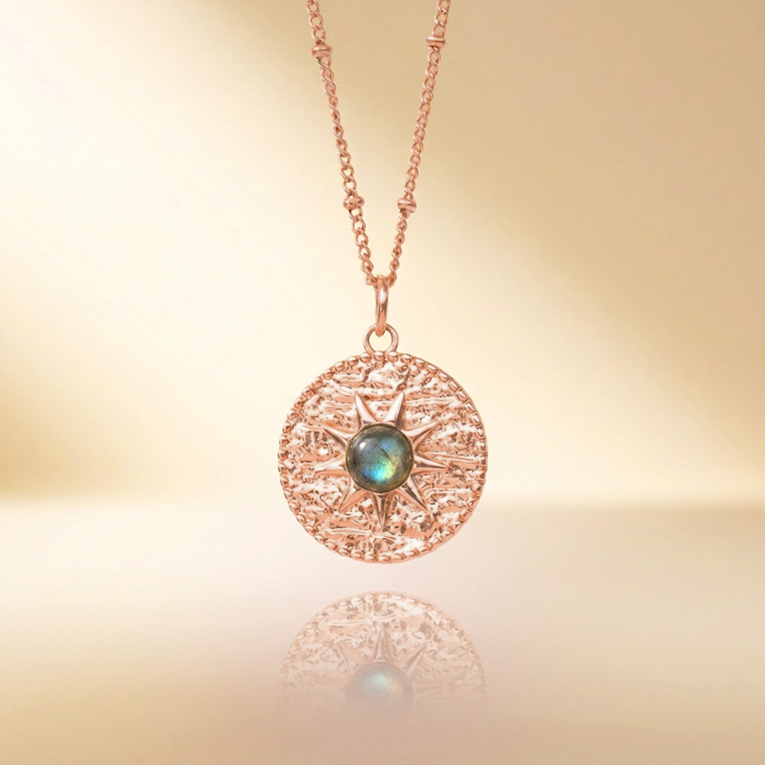 Rose gold labradorite sun necklace — real labradorite, handmade UK
