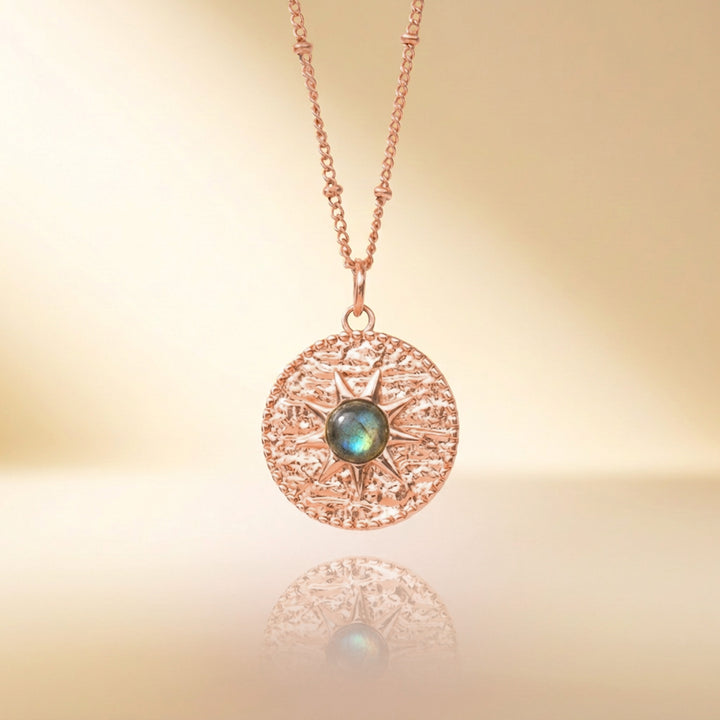 Rose gold labradorite sun necklace — real labradorite, handmade UK