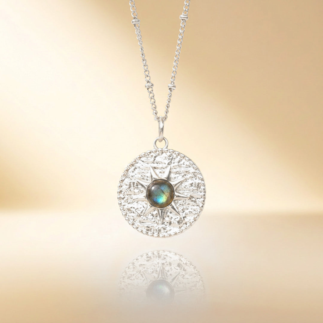 Silver labradorite sun necklace — real labradorite, handmade UK