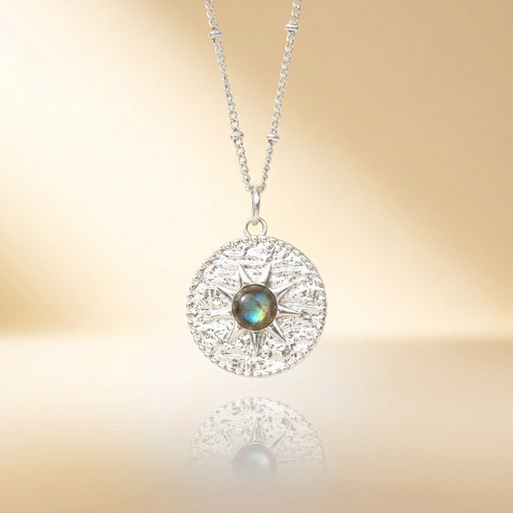 Silver labradorite sun necklace — real labradorite, handmade UK