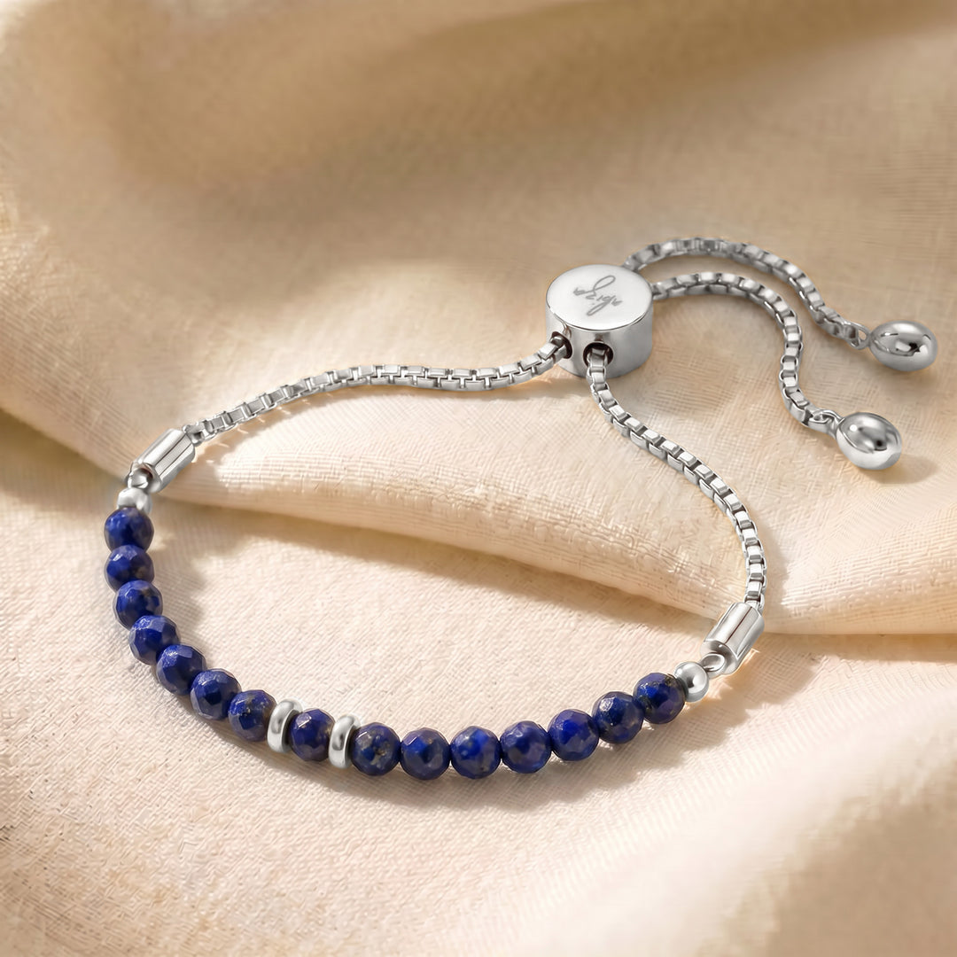 Silver lapis lazuli bracelet with adjustable slider chain