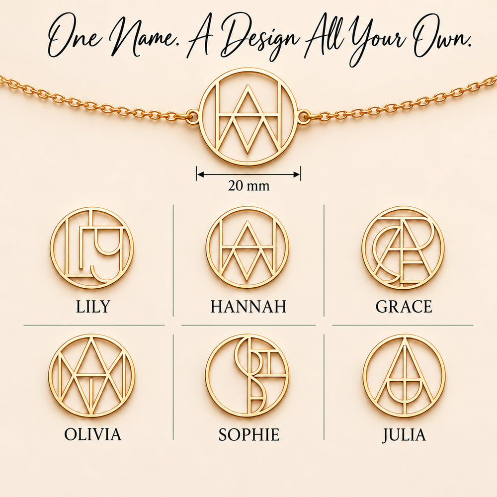 Six monogram name bracelet designs — Lily, Hannah, Grace, Olivia, Sophie and Julia on a 20mm circle
