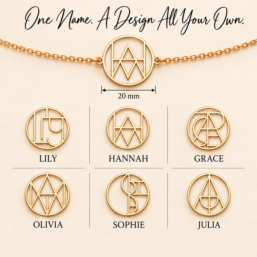 Six monogram name bracelet designs — Lily, Hannah, Grace, Olivia, Sophie and Julia on a 20mm circle
