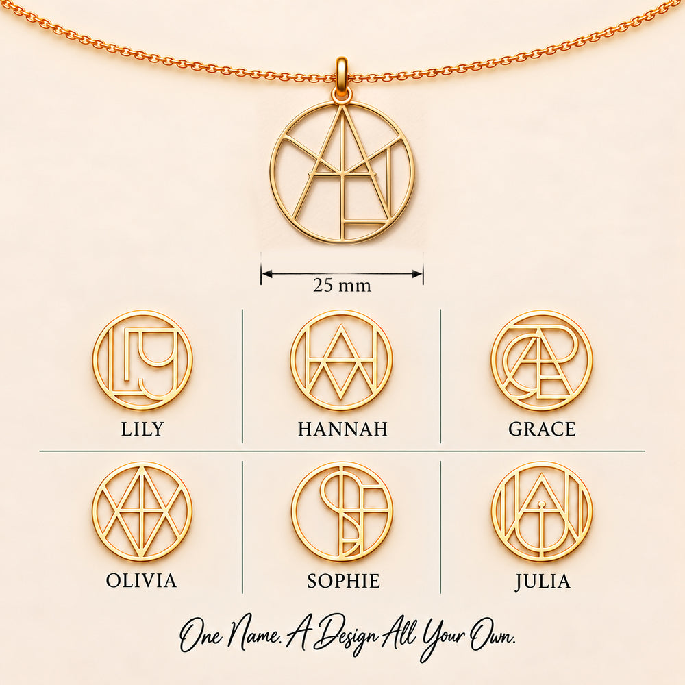 Six monogram name necklace designs — Lily, Hannah, Grace, Olivia, Sophie and Julia on a 25mm circle