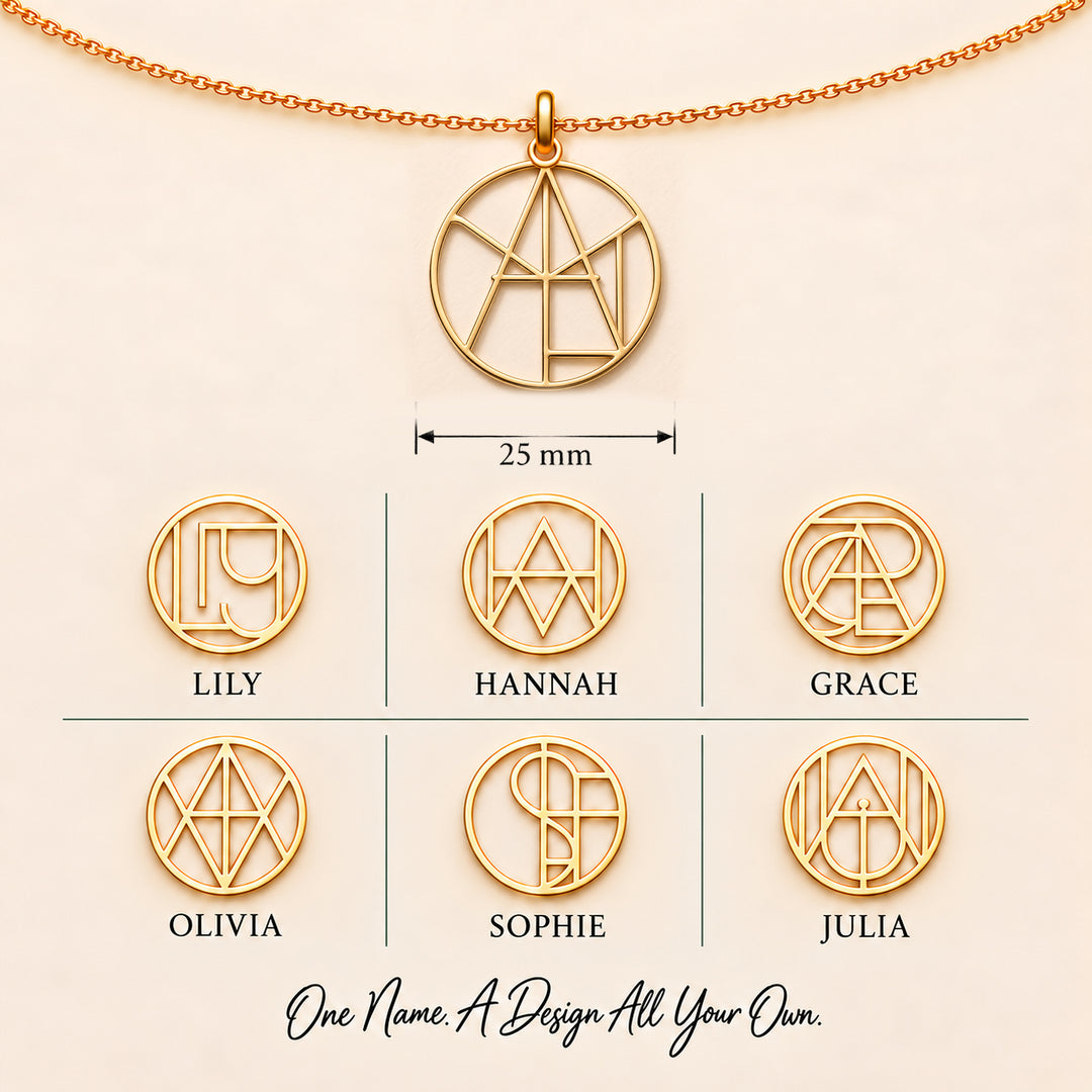 Six monogram name necklace designs — Lily, Hannah, Grace, Olivia, Sophie and Julia on a 25mm circle