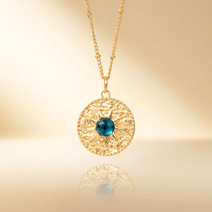 Gold London Blue Topaz sun necklace — handmade UK