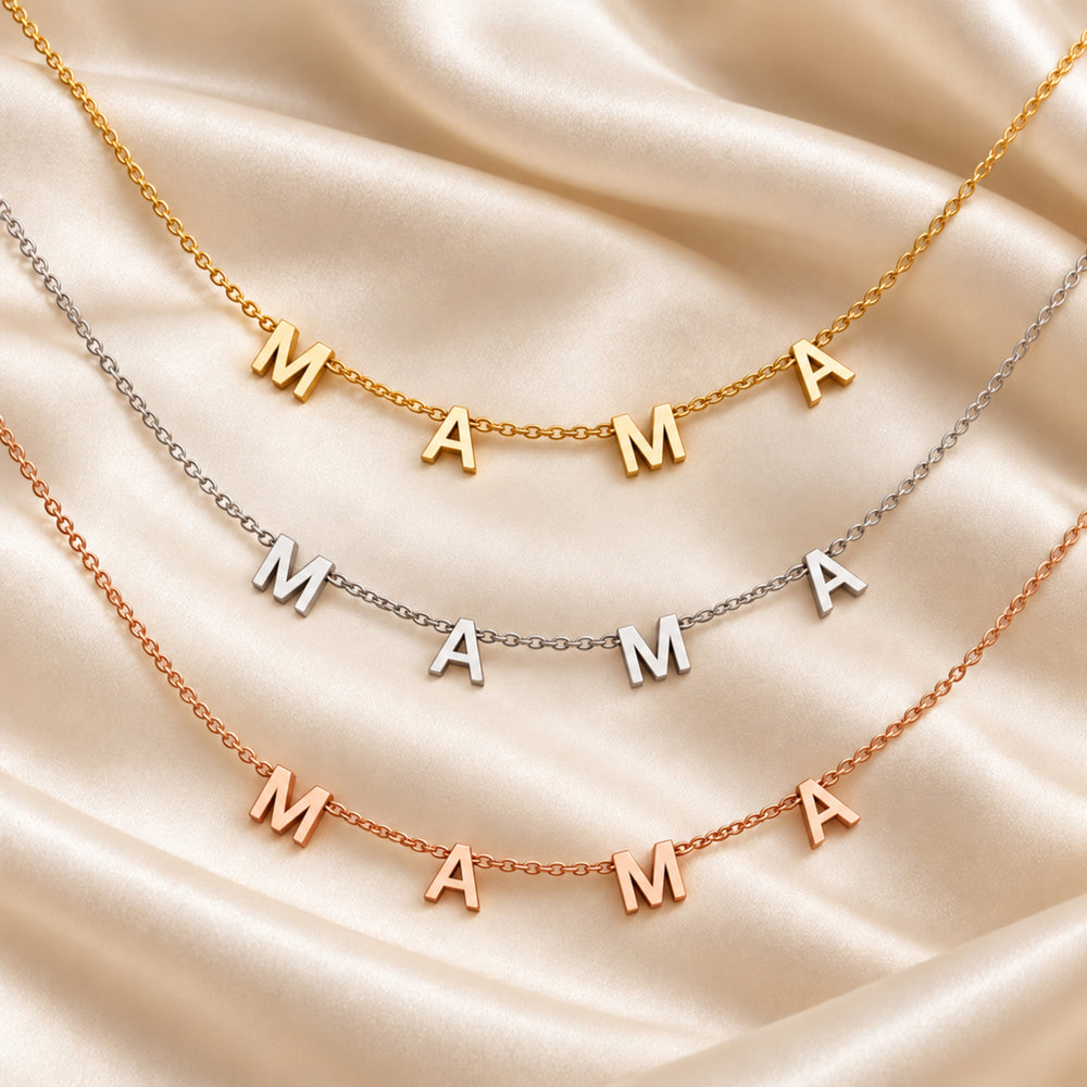MAMA letter necklaces in gold, silver and rose gold on satin