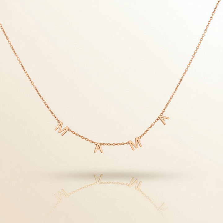 Rose Gold Mama Necklace with four MAMA letter charms on fine chain