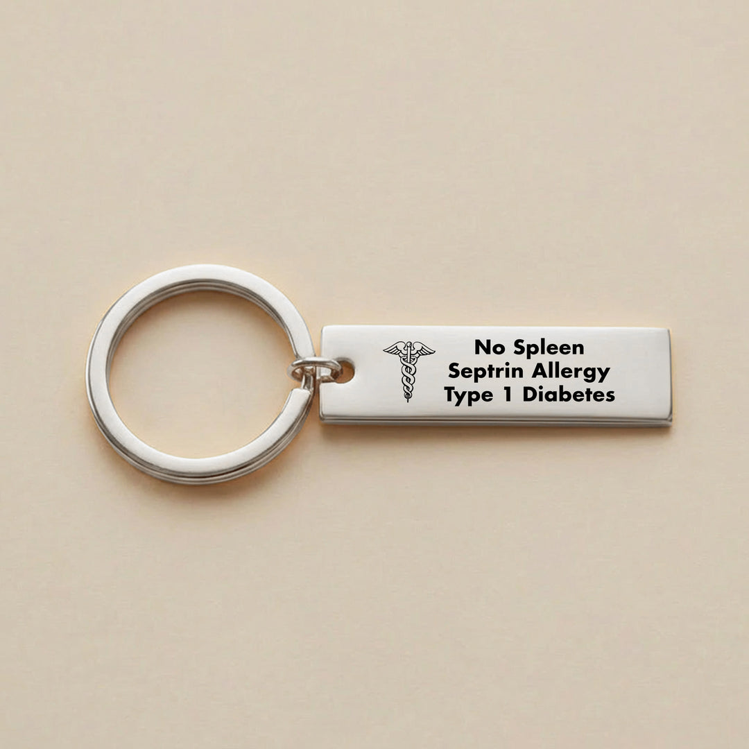 Silver medical alert keyring engraved with no spleen septrin allergy and Type 1 diabetes
