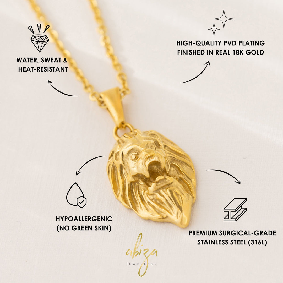Mens Gold Necklace with Lion Pendant