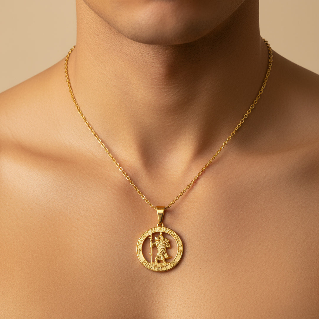 Mens Gold Saint Cristopher Necklace 