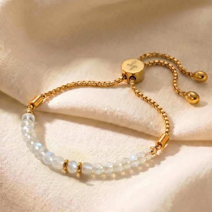 Gold June birthstone moonstone bracelet with 4mm genuine moonstone beads on adjustable slider chain