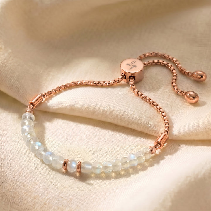 Rose gold June birthstone moonstone bracelet with genuine moonstone beads, adjustable slider chain