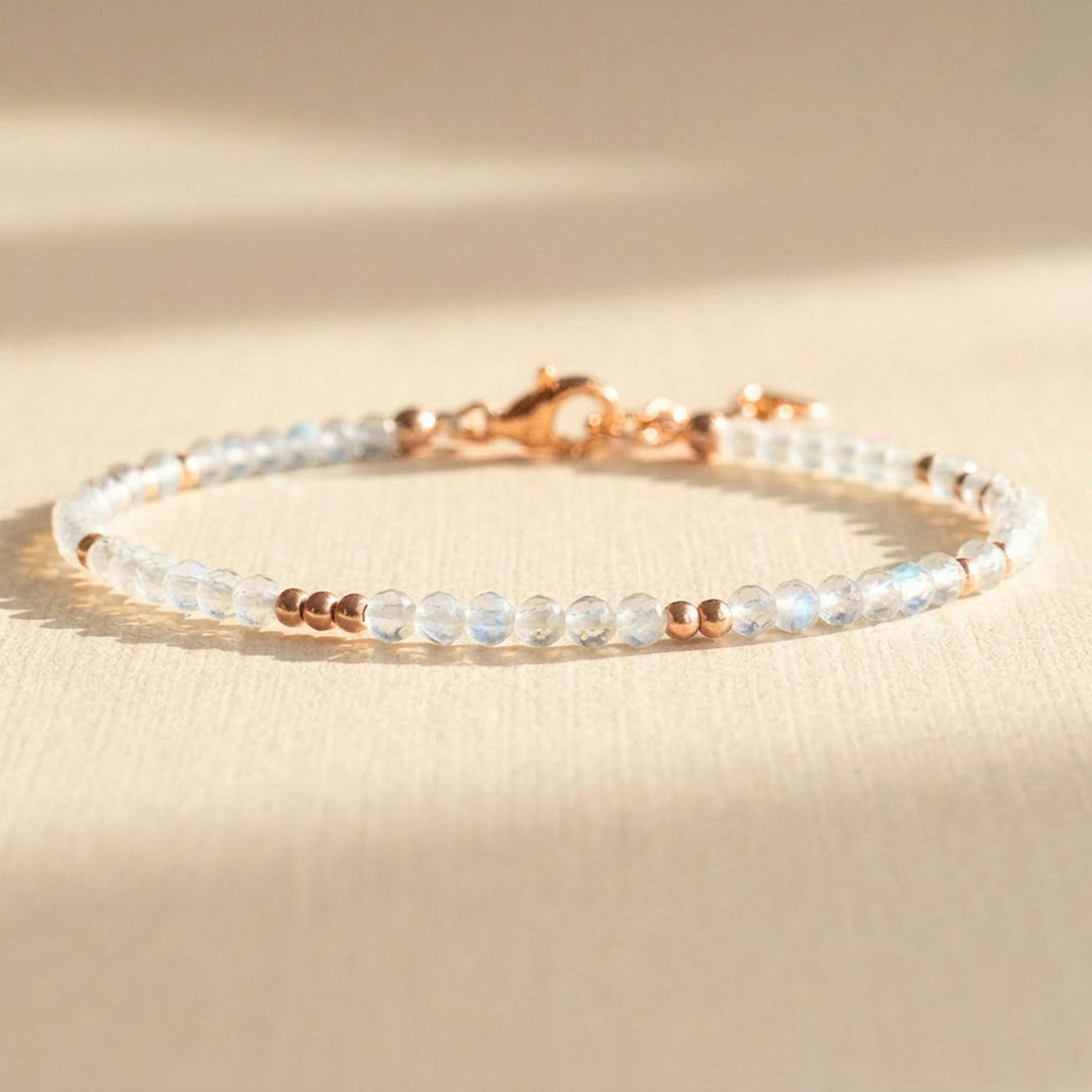 14k rose gold filled skinny rainbow moonstone bracelet, dainty 2.5–3mm real moonstone beads