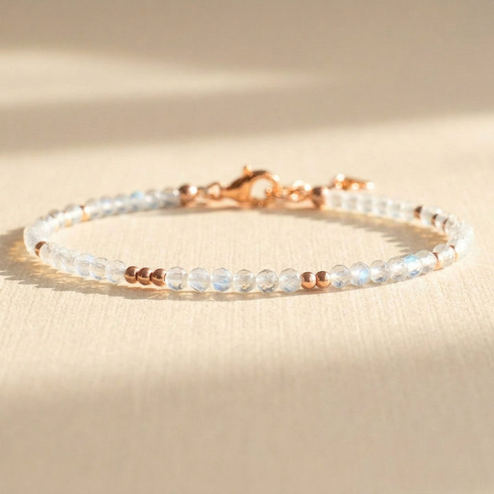 14k rose gold filled skinny rainbow moonstone bracelet, dainty 2.5–3mm real moonstone beads