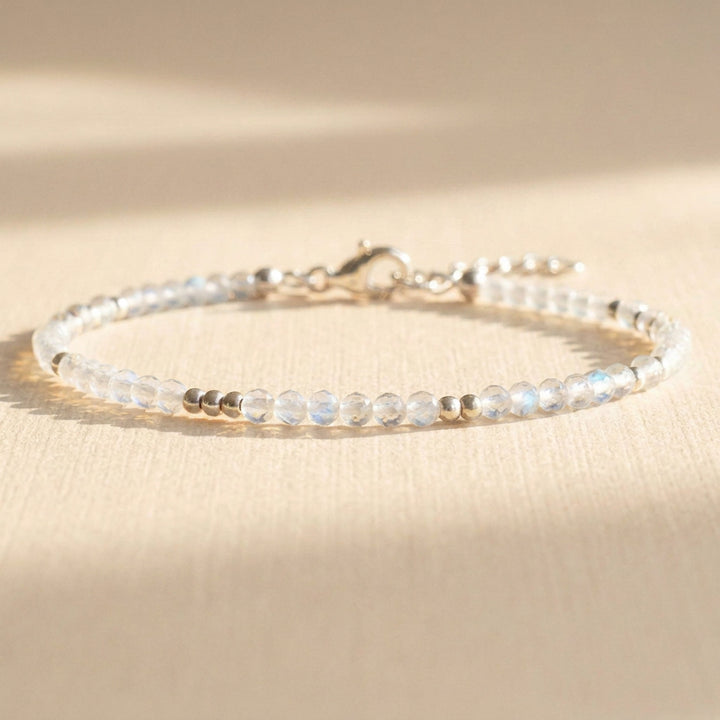 Skinny rainbow moonstone bracelet in sterling silver, handmade in our Chester studio with real 2.5–3mm moonstone beads
