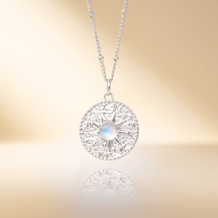 Silver moonstone sun necklace — real rainbow moonstone, handmade UK