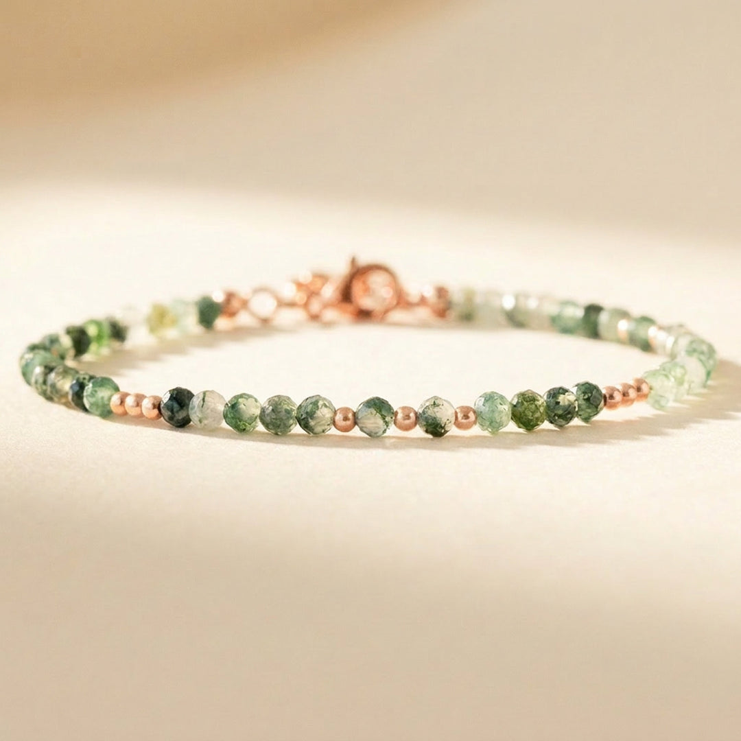 Skinny Moss Agate Bracelet in 14K Rose Gold Filled — green Moss Agate beads in a rose gold finish, beaded throughout
