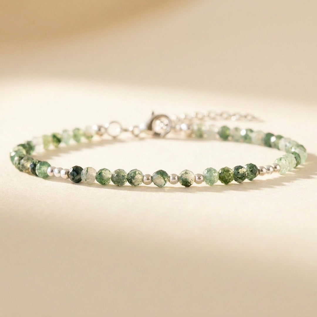 Skinny Moss Agate Bracelet in Sterling Silver — real green Moss Agate beads in a dainty silver finish, beaded throughout
