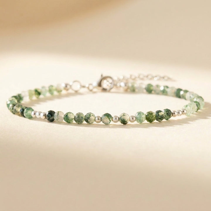 Skinny Moss Agate Bracelet in Sterling Silver — real green Moss Agate beads in a dainty silver finish, beaded throughout
