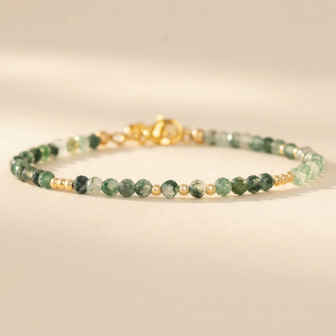 Skinny Moss Agate Bracelet in 14K Gold Filled — dainty 3.2mm diamond-cut green Moss Agate beads, beaded throughout with 1.5" extender
