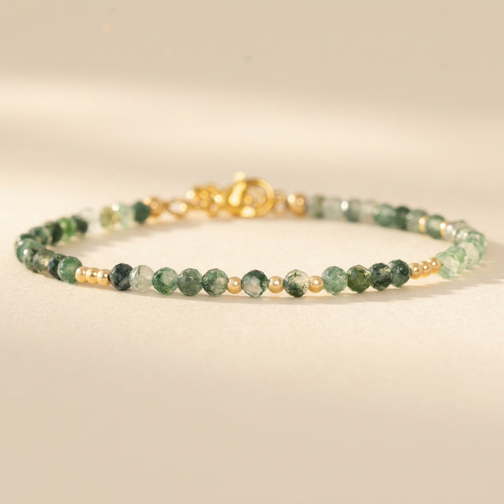 Skinny Moss Agate Bracelet in 14K Gold Filled — dainty 3.2mm diamond-cut green Moss Agate beads, beaded throughout with 1.5" extender
