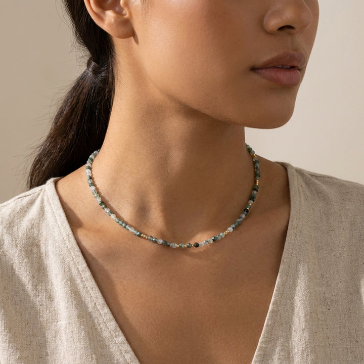 Moss agate necklace on model — three lengths available, choker to 18-inch