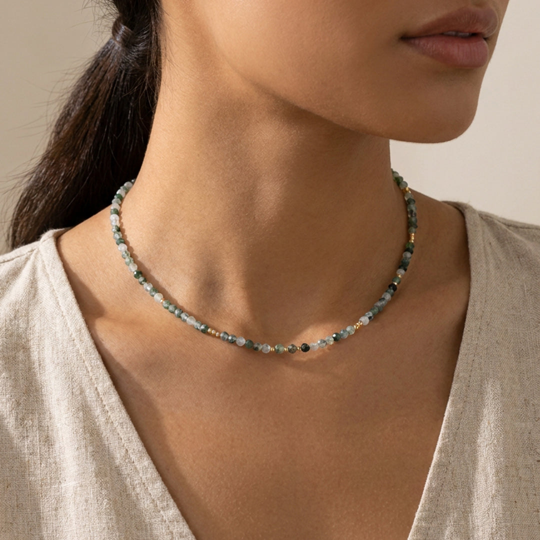 Real moss agate necklace on model — hand-strung in our Chester studio, heart chakra stone of new beginnings