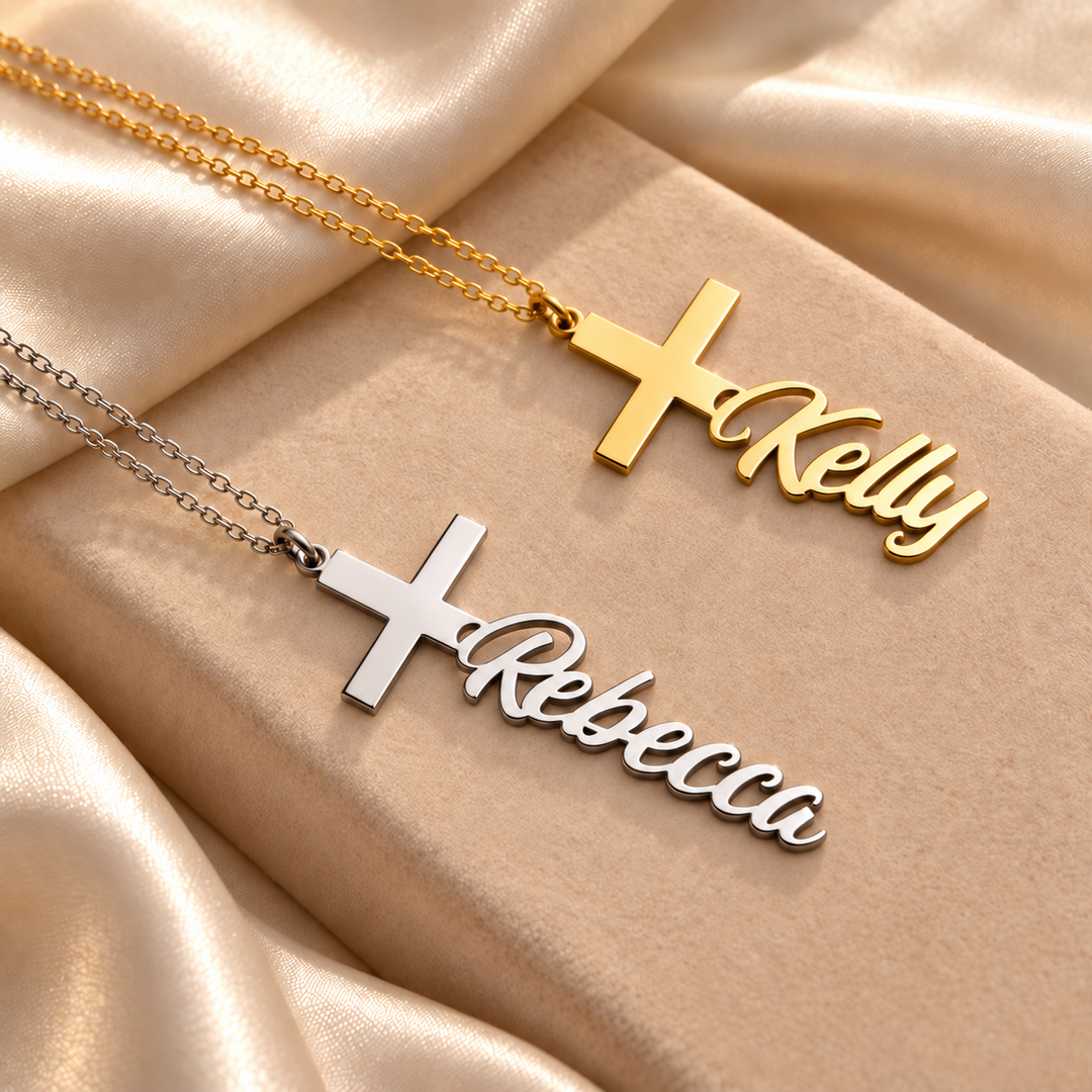 Gold and silver cross name necklaces with Kelly and Rebecca, a christening or confirmation gift