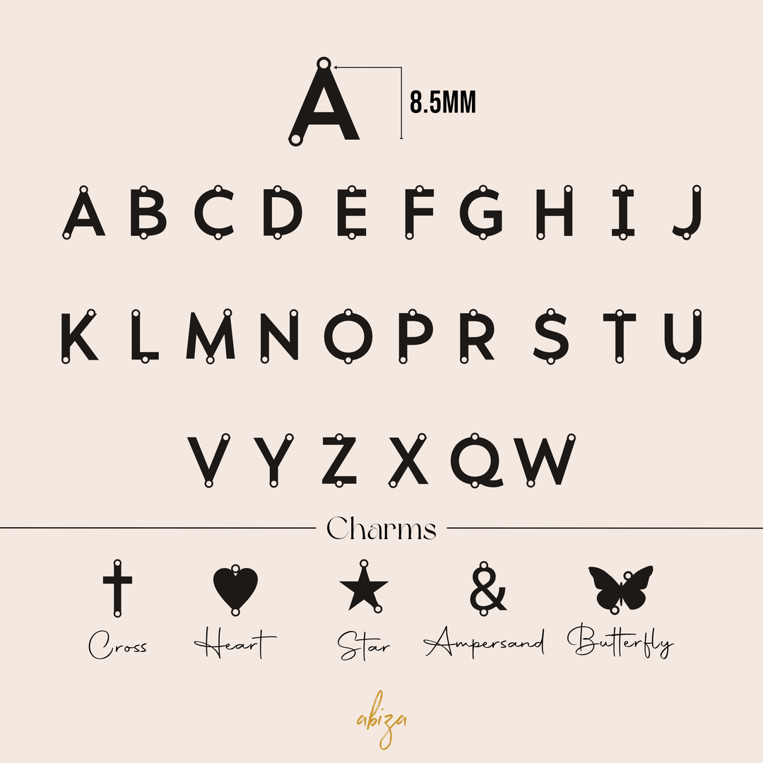 Sideways initial necklace font chart — choose your letters and charms