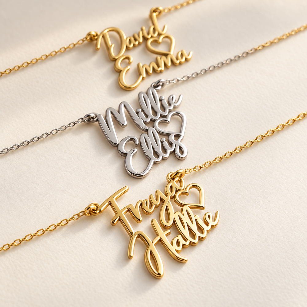Three 2 name necklaces with heart in gold and silver, showing both script fonts