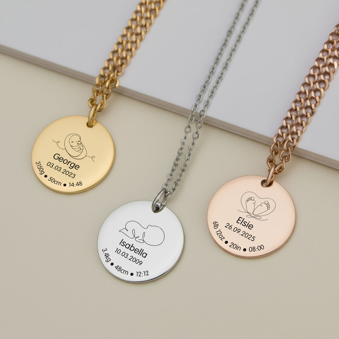 Three personalized necklaces with engraved birth stats necklaces in gold, silver and rose gold.