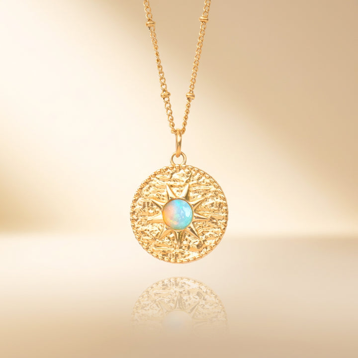Gold white opal sun necklace — real Ethiopian opal, handmade UK