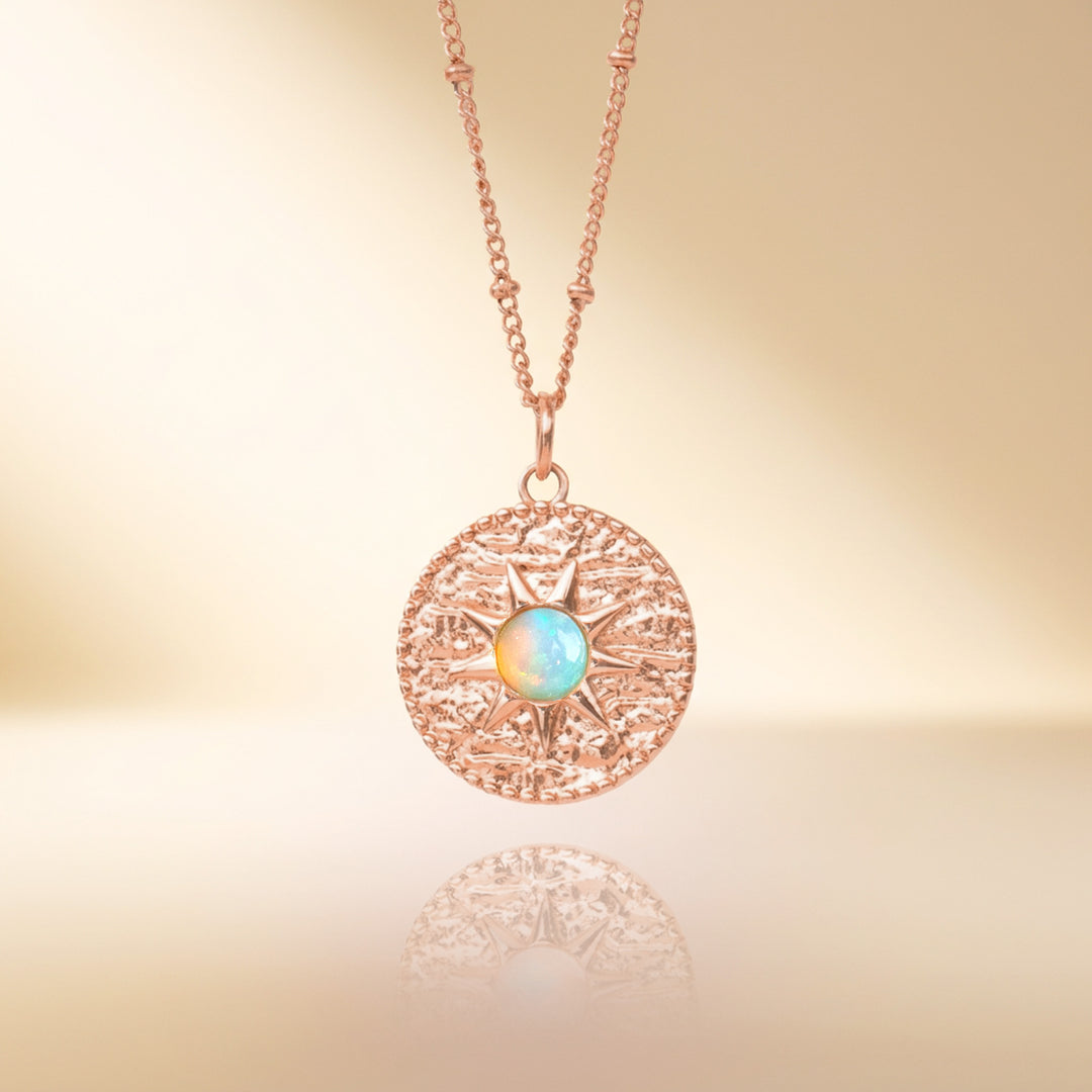 Rose gold white opal sun necklace — real Ethiopian opal, handmade UK