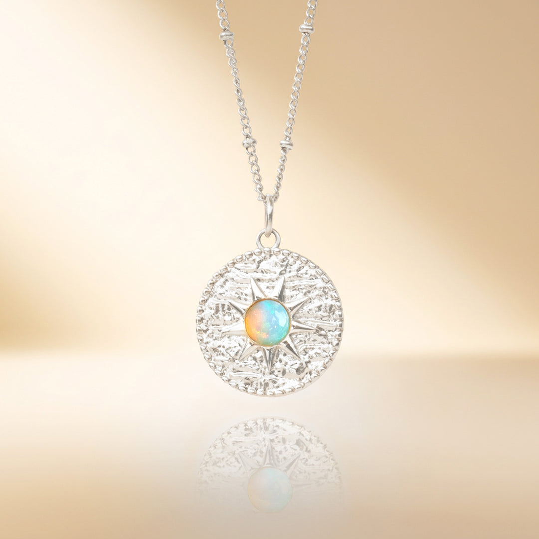 Silver white opal sun necklace — real Ethiopian opal, handmade UK