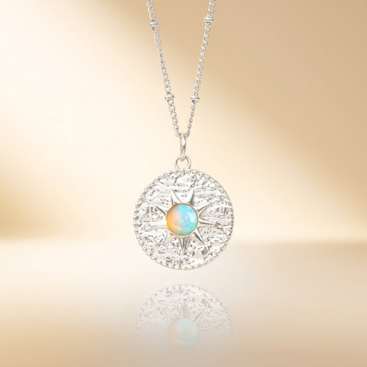 Silver white opal sun necklace — real Ethiopian opal, handmade UK