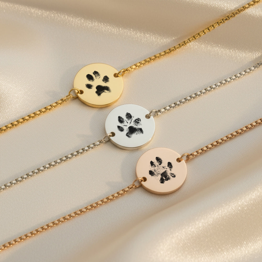 Gold, silver and rose gold paw print bracelet – engraved pet memorial jewellery