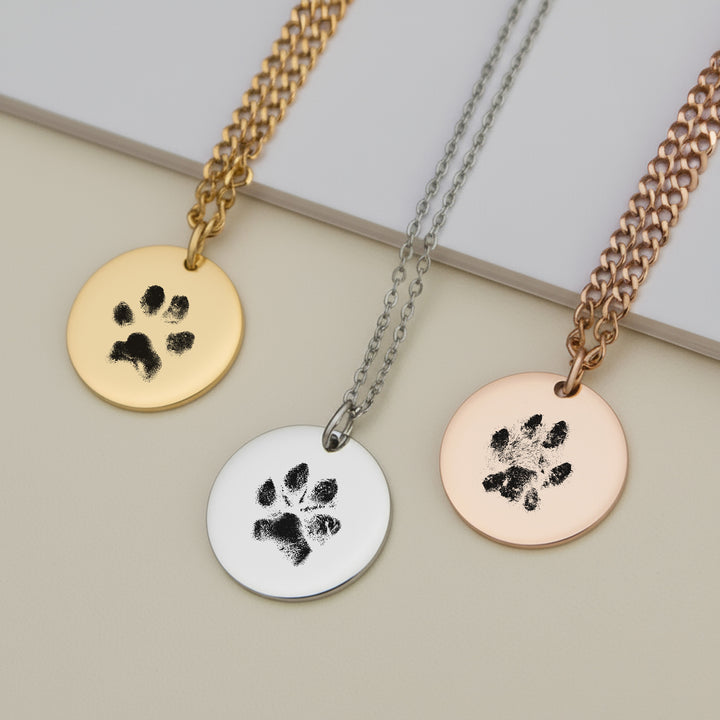 Personalised paw print necklace in gold, silver and rose gold
