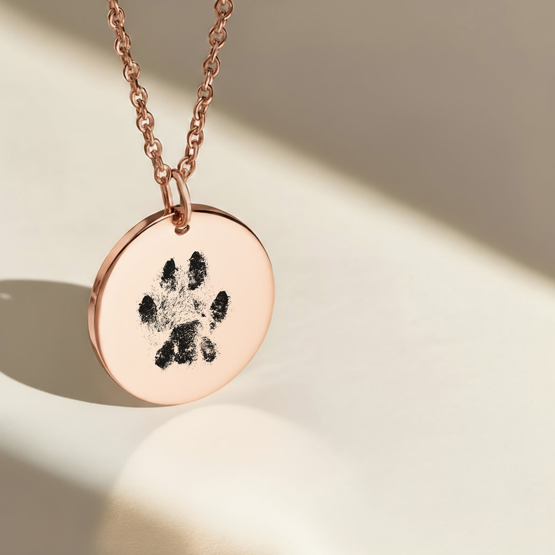 Rose gold personalised paw print necklace for pet lovers